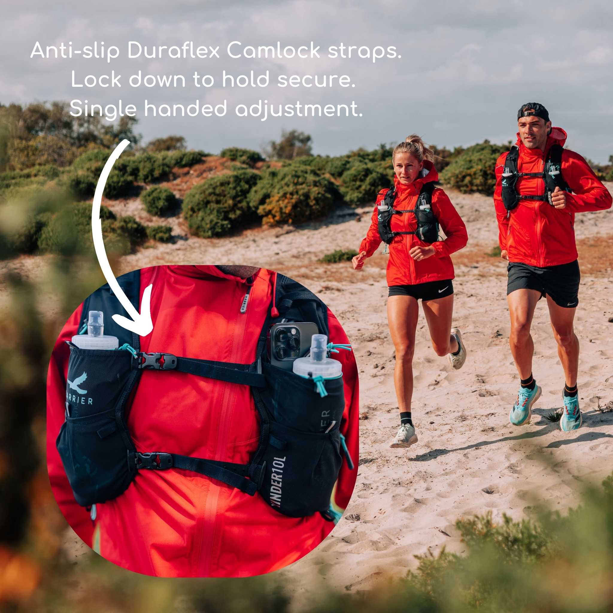 A man and woman running on a beach with a close up of the anti-slip Duraflex Camlock chest straps.