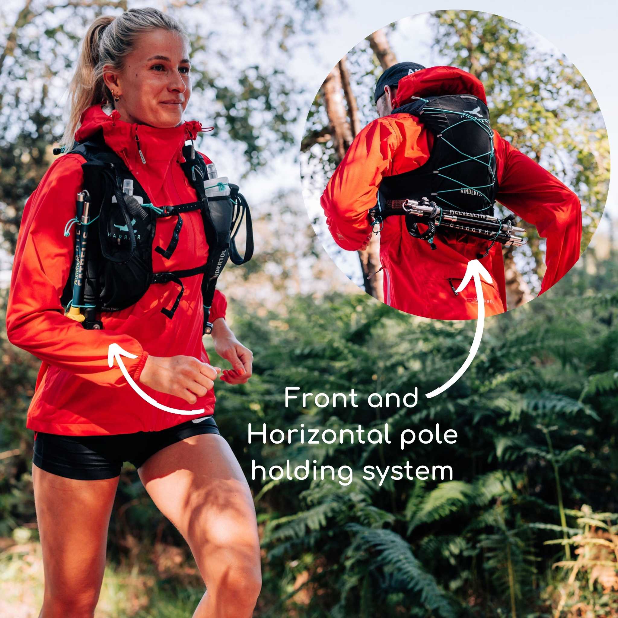 A woman and a man demonstrating how running poles can be attached to the Kinder 10L running hydration vest.