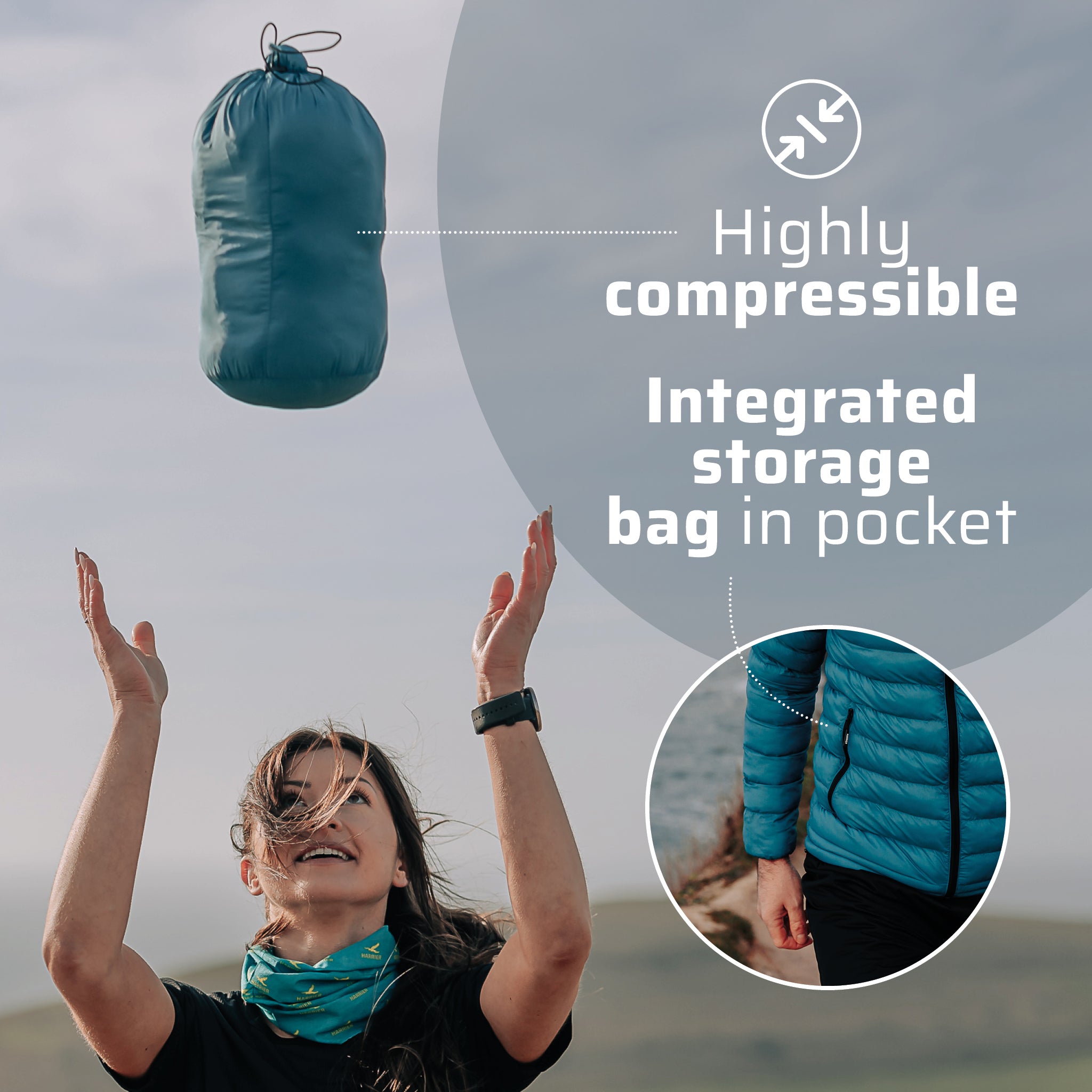 The thermal jacket packed down in to it's storage bag, being thrown in the air by a woman. She is smiling.