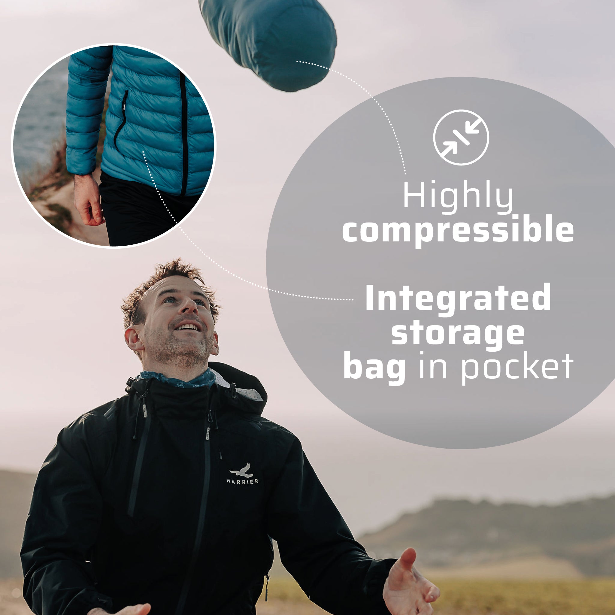 The thermal jacket packed down in to it's storage bag, being thrown in the air by a man. He is smiling.