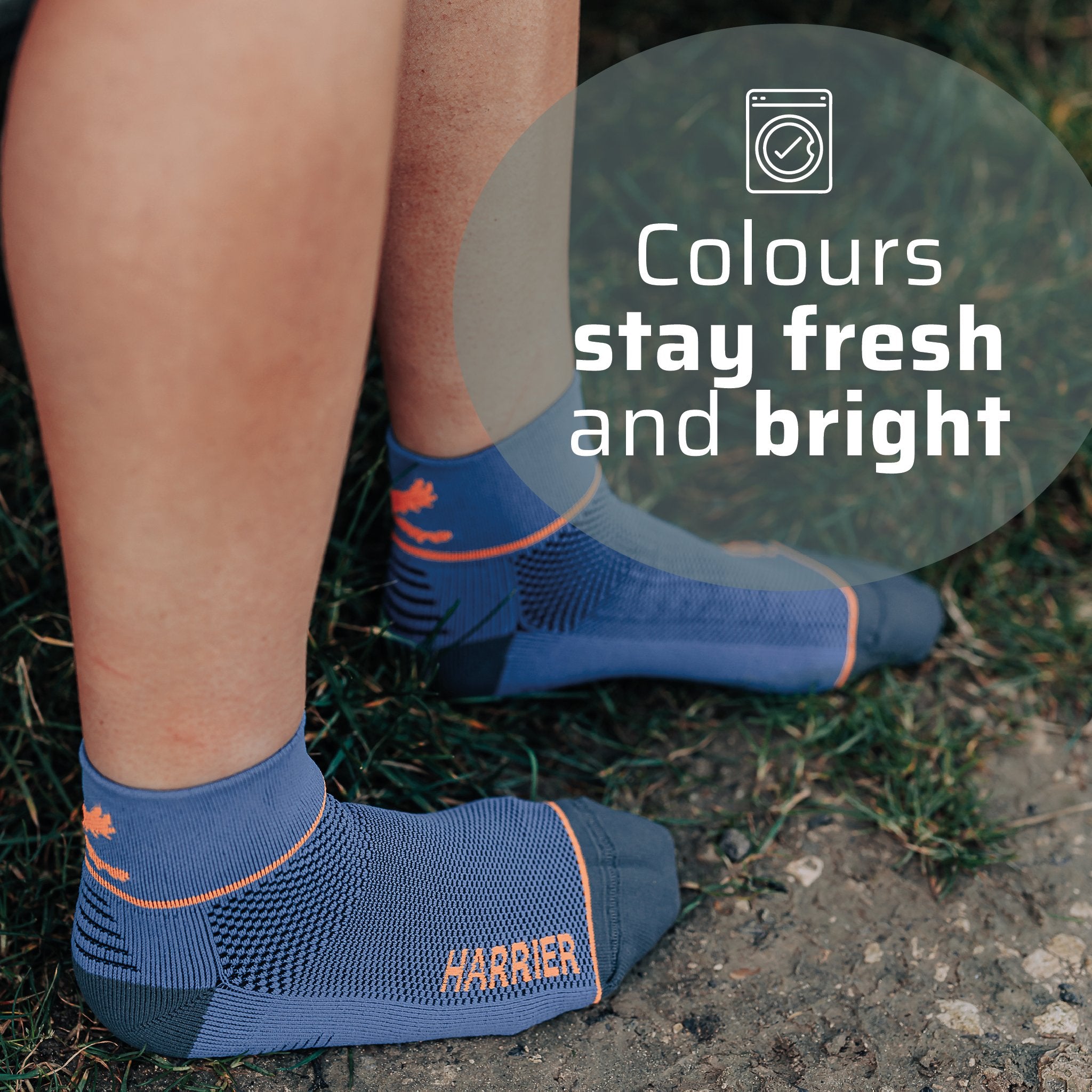 A close up of the socks being worn with shoes off.