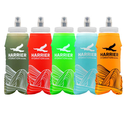 Five Harrier hydration bottles in different colors on a white background