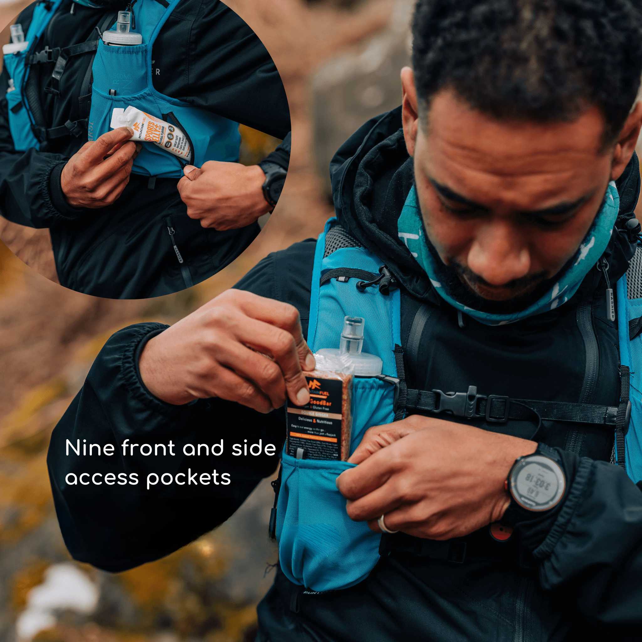 A man inserting snacks in to various pockets of a running hydration vest.