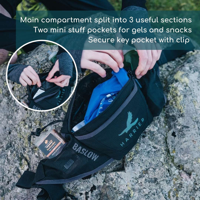 Close up of a variety of items being inserted in to the main compartment of the waist bag. 