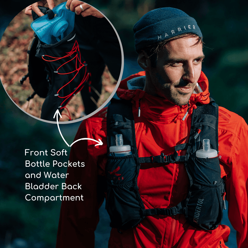 A man wearing a running hydration vest with soft bottles in the front pockets and a water bladder in the back pocket. 