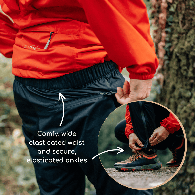Close up of the elasticated waist and ankles of the waterproof trousers. 