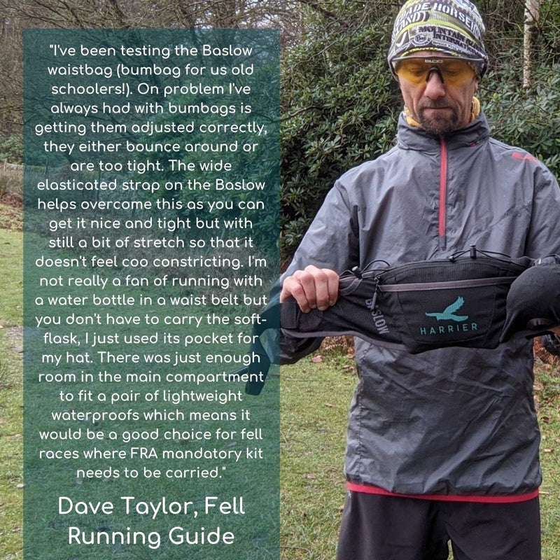 Dave Taylor holding the waist bag alongside a testimonial. 