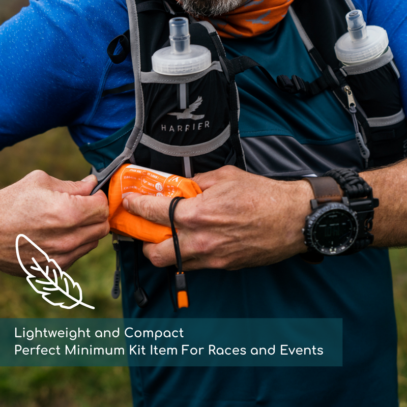 The survival bag being inserted in to the pocket of a running hydration vest.
