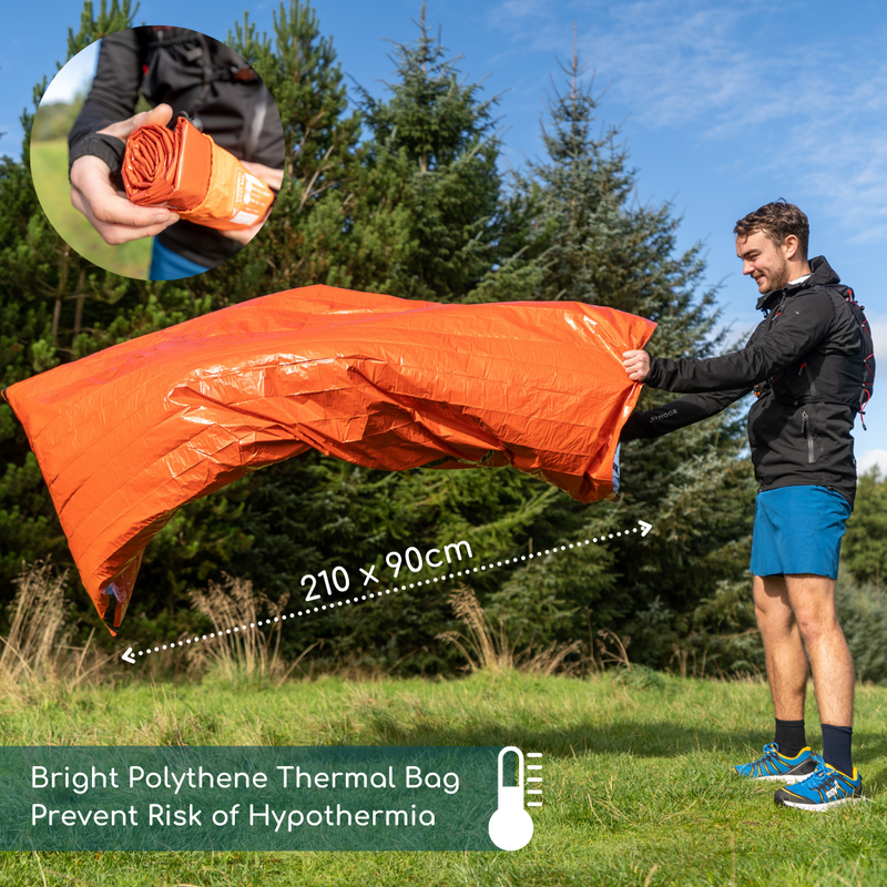 Man showing the size of the survival bag when unpacked.